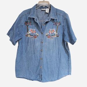 90s cottagecore grandmacore embroidered cats denim shirt